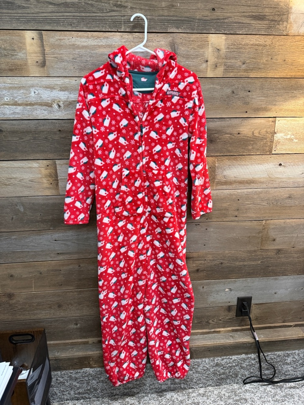 Vineyard Vines Children's Red Penguin Print Hooded Fleece Onesie Pajamas